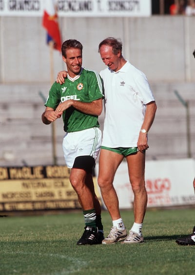 Mick McCarthy and Jack Charlton of the Republic of Ireland during training at the World Cup in 1990. 'That photo, that’s how I like to remember Jack. He was fabulous . . . I loved him dearly.' Photograph: Billy Stickland/Inpho