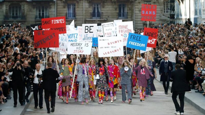 Models present creations from the Spring/Summer 2015 Ready to Wear collection by German designer Karl Lagerfeld for Chanel during the Paris Fashion Week. Photograph:  EPA/Christophe Karaba