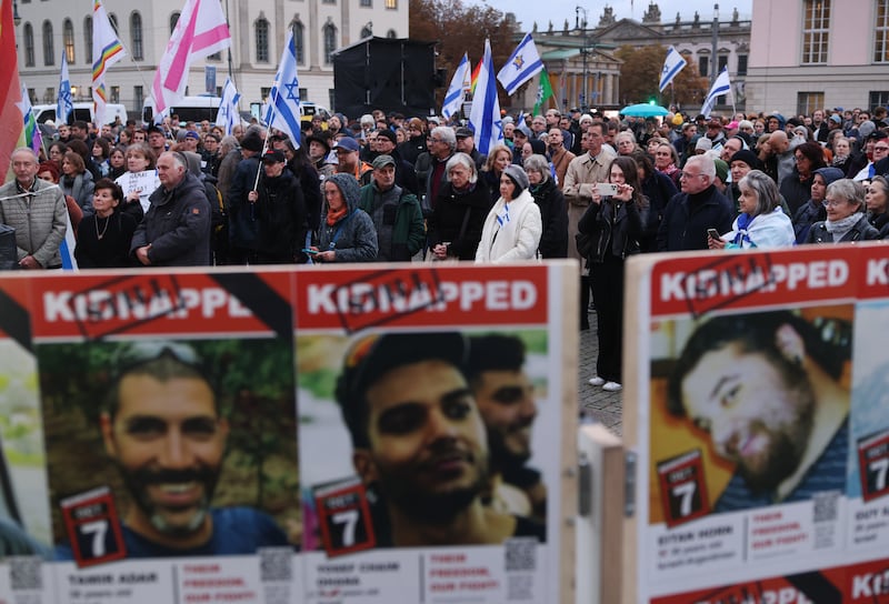 Images of hostages held by Hamas on the second anniversary of the Hamas attack against Israel. Photograph: Sean Gallup/Getty Images