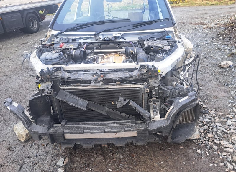 The vehicle was found in a forest near Ballybofey stripped of its engine, wheels, doors, bonnet and boot. Photograph: PSNI Press Office