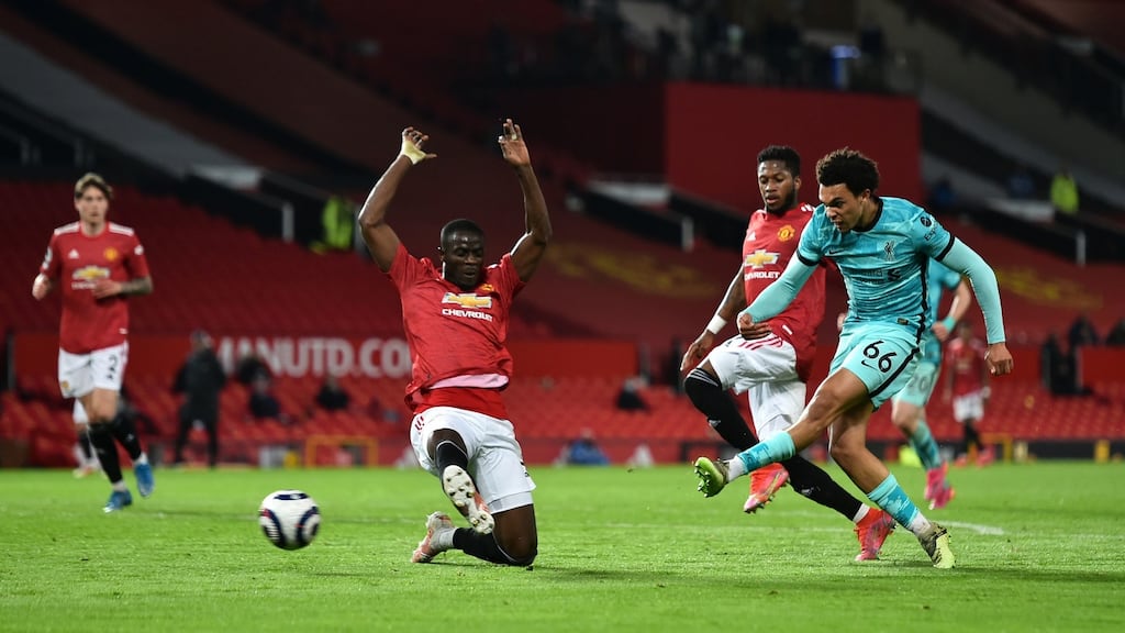 Liverpool’s Trent Alexander-Arnold has a shot on goal during the Premier League win over Manchester United at Old Trafford. Photo: Peter Powell/PA Wire