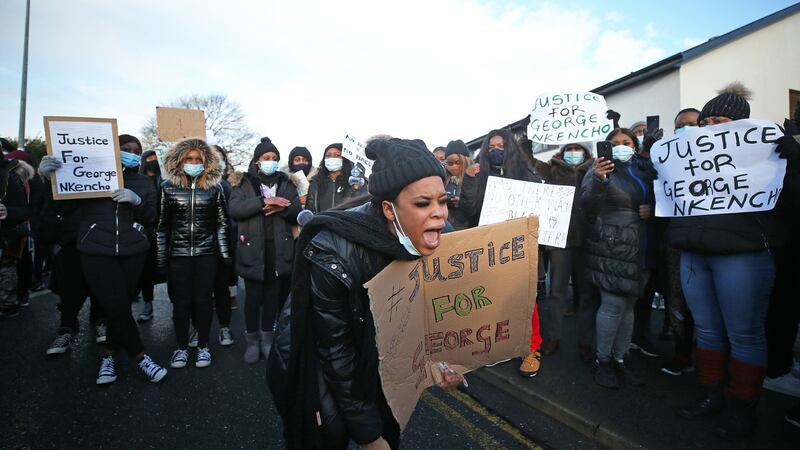 Protestors gathered at Blanchardstown Garda Station on THursday morning after the shooting dead by gardaí of  George Nkencho (27). Photograph Nick Bradshaw