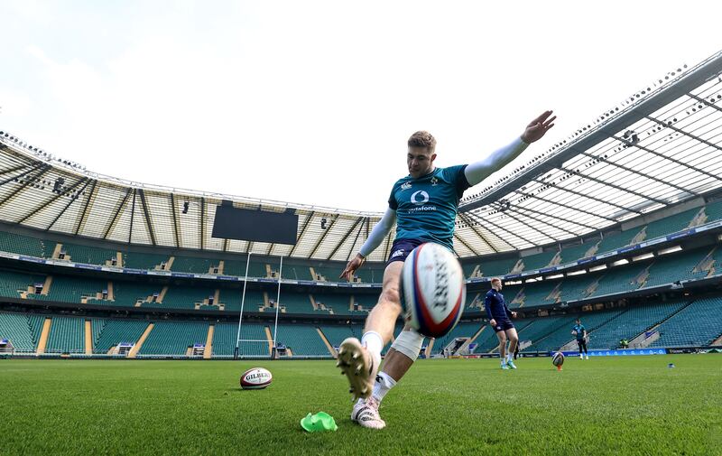 Jack Crowley gets his kicking practice in during Ireland's Captain's Run at Twickenham. Photograph: Dan Sheridan/Inpho 
