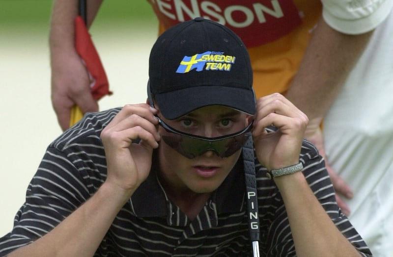 Henrik Stenson lines up a putt on his way to winning the Benson & Hedges International open held at the Belfry, England in 2001. Photograph: Ross Kinnaird/Allsport