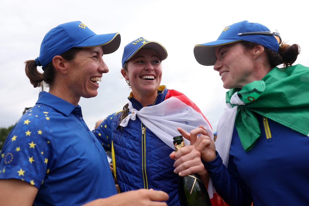 Leona Maguire (right) celebrates with European team-mates Carlota Ciganda and Mimi Rhodes after the victory over the United States at Bernardus Golf in Cromvoirt, Netherlands. Photograph: Kate McShane/Getty Images