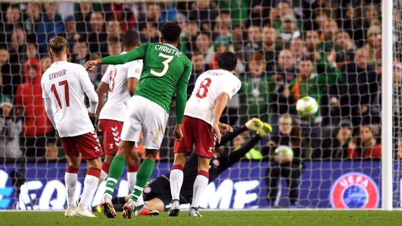 Cyrus Christie takes a shot on goal during the Nations League match against Denmark at the Aviva stadium. Photograph: Mike Hewitt/Getty Images