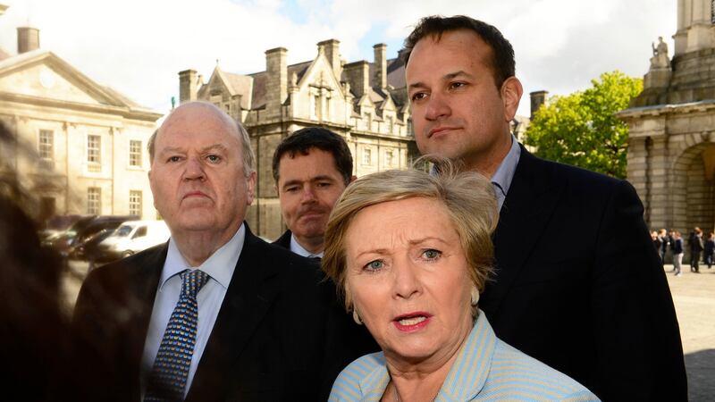 Fine Gael negotiators  (right to left) Frances Fitzgerald Leo Varadkar, Micheal Noonan and Pascal Donohoe.Photograph: Cyril Byrne/The Irish Times