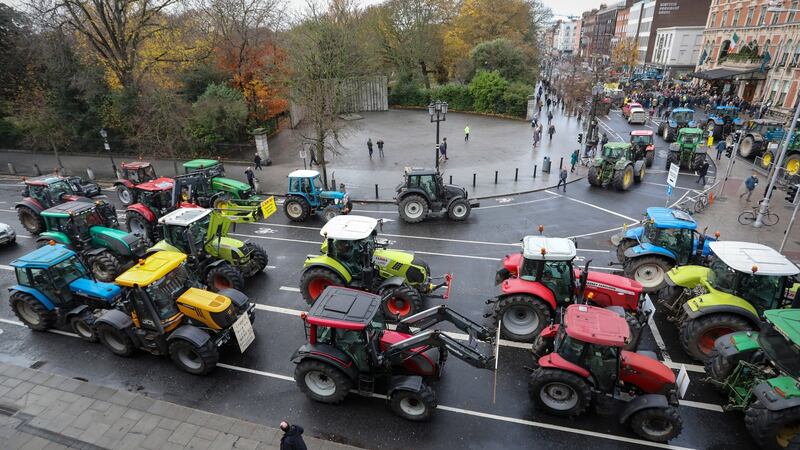Tractors parked around St Stephen’s Green during the second day of a protest by farmers. Photograph: Crispin Rodwell/The Irish Times