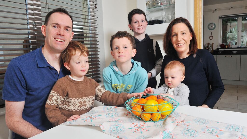 Nutritionist Caroline O’Connor  in Passage West, Cork, with her husband John and their children Finn (3), Aidan (7), Declan (9) and Alice (1). Photograph: Daragh McSweeney/Provision