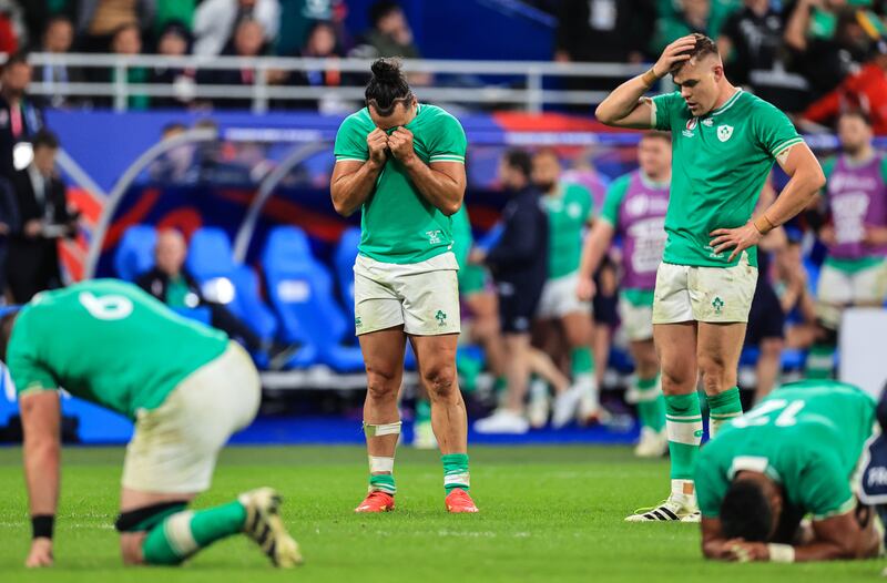 A dejected Ireland in France following the 2023 Rugby World Cup quarter-final in 2023. Photograph: INPHO/Billy Stickland