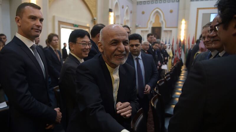 Afghan president Ashraf Ghani meeting foreign delegates at the Kabul Process conference at the presidential palace in Kabul on Wednesday. Photograph:  Shah Marai/AFP/Getty Images