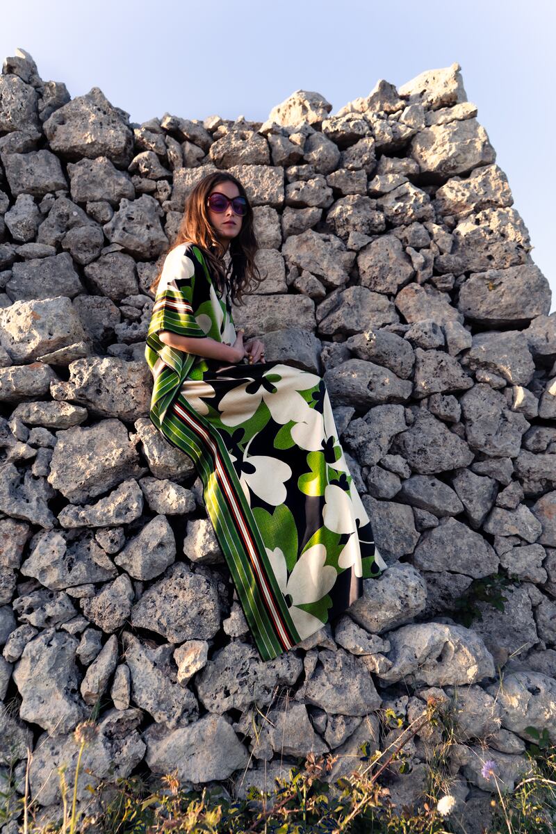 Abstract shamrock print green silk dress, €680