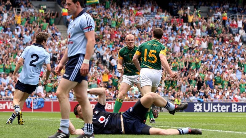 Meath’s Stephen Bray celebrates scoring a goal against Dublin  with team-mate Joe Sheridan during the 2010 Leinster semi-final.  Photograph: Cathal Noonan/Inpho