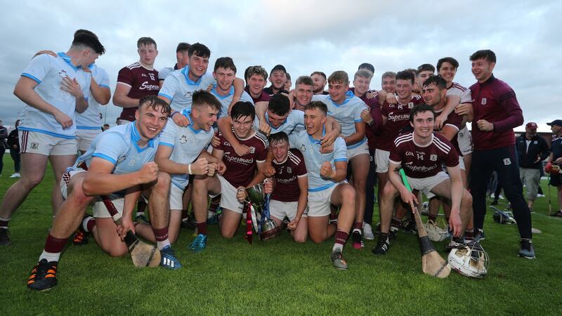 Galway celebrate after beating Dublin  in the Leinster  U20 hurling final at  MW Hire O’Moore Park in Portlaoise. Photograph:  Lorraine O’Sullivan/Inpho