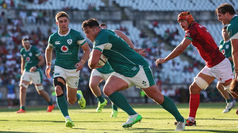 Ireland's Thomas Clarkson runs in try against Portugal. Photograph: Ben Brady/Inpho