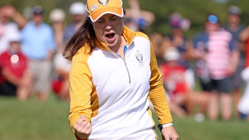 Leona Maguire of Team Europe reacts to her putt on the 14th green during   the Solheim Cup at the Inverness Club   in Toledo, Ohio. Photograph:  Gregory Shamus/Getty Images