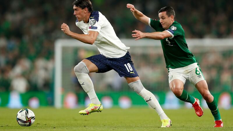 Josh Cullen tries to close down Serbia’s Dusan Vlahovic. Photograph:  Oisin Keniry/Getty