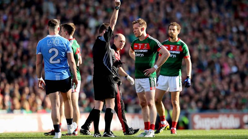 Donal Vaughan receives a red card. Photograph:  Ryan Byrne/Inpho