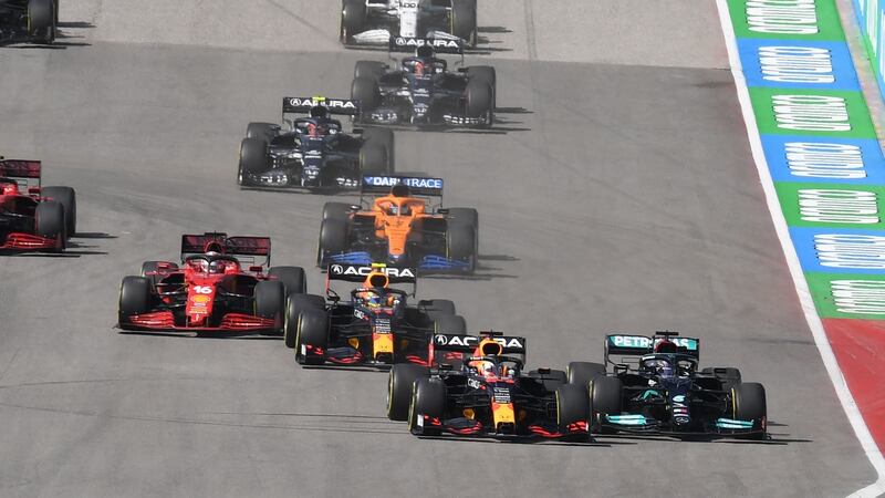 Max Verstappen  and  Lewis Hamilton battle it out at the start of the  Formula One United States Grand Prix at the Circuit of The Americas in Austin, Texas. Photograph: Robyn Beck/AFP via Getty Images
