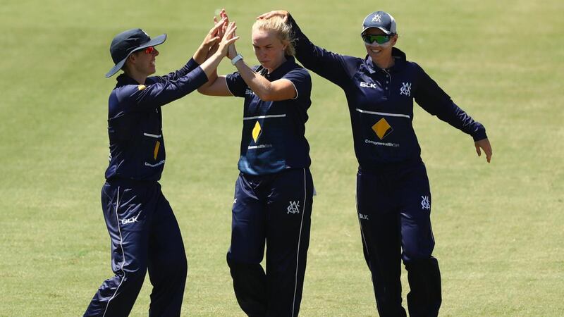 Kim Garth of Victoria celebrates taking the wicket of Rachel Trenaman of the NSW Breakers during the WNCL match between Victoria and New South Wales  in Melbourne on February 10th. Photograph:  Robert Cianflone/Getty Images