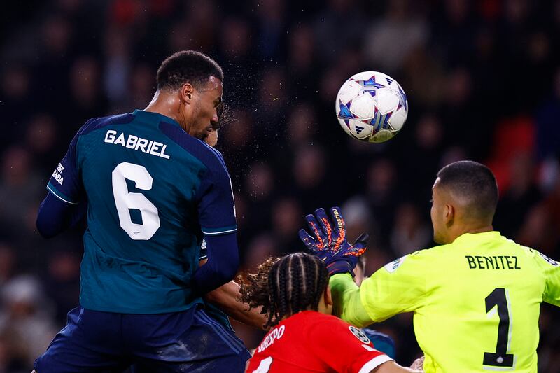 Arsenal's Brazilian defender Gabriel heads the ball during the Champions League clash with PSV Eindhoven. Photograph: Kenzo Tibouillard/AFP via Getty Images