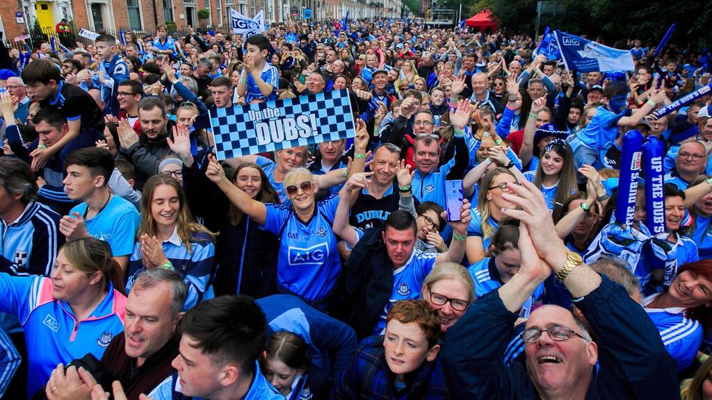 Dublin fans during homecoming celebration marking the historic ‘five-in-a-row’ victory of the men’s team and the ‘three-in-a-row victory’ for the women in Merrion Square. Photograph: Gareth Chaney/Collins