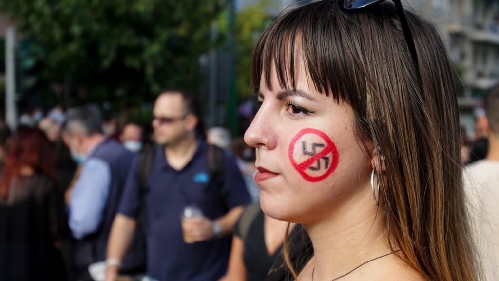 Anti-fascist protesters outside the court where the trial of leaders and members of the Golden Dawn far-right party was taking place on Wednesday. After a five-year trial, the court found the Golden Dawn leader Nikos Michaloliakos and six associates guilty of running a criminal group. A supporter, Giorgos Roupakias, was found guilty of murder and 15 others were convicted of conspiracy. The neo-Nazi party won 18 MP seats in 2012 as the country grappled with a financial crisis. Photograph: Milos Bicanski/Getty Images