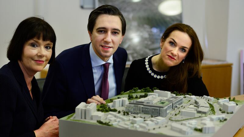 From left, Kay Connolly, chief operations officer; Simon Harris, Minister for Health and Dr Rhona Mahony, Master of the National Maternity Hospital, with a model of the new hospital at St Vincent’s  Hospital in March. File photograph: Cyril Byrne/The Irish Times