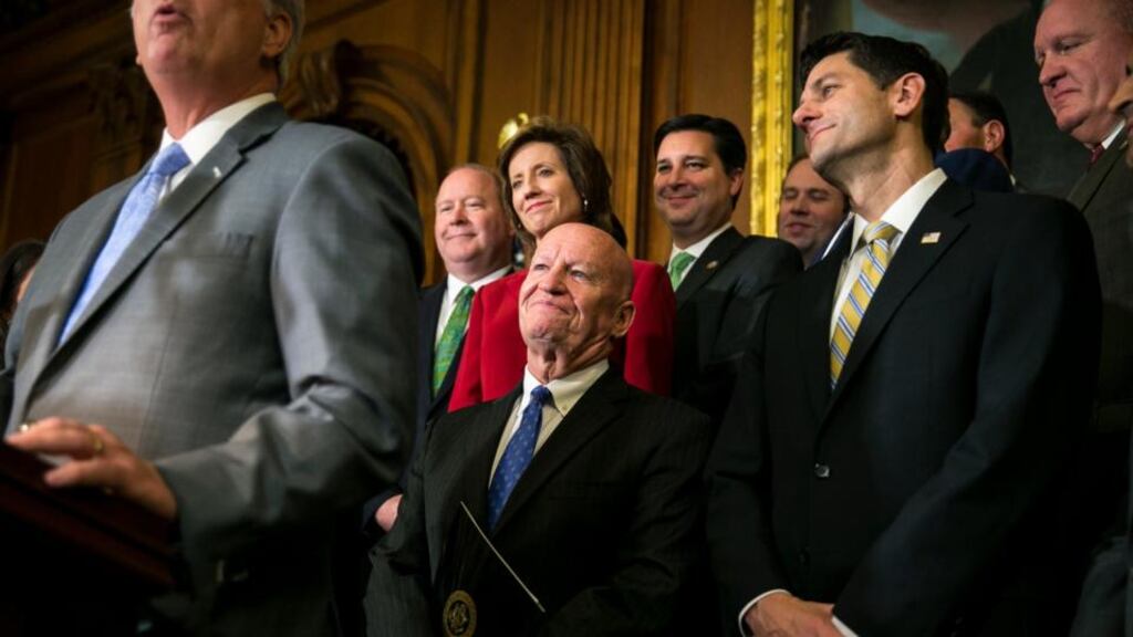 Corporate tax cut: Speaker Paul Ryan (right) looks on as Majority Leader Kevin McCarthy speaks in Washington after the US House of Representatives passed a sweeping tax-code rewrite. Photograph: Al Drago/New York Times