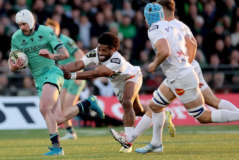 Connacht’s Mack Hansen and Wame Naituvi of Racing during their Challenge Cup quarter-final match at Dexcom Stadium, Galway, on April 12th. Photograph: James Crombie/Inpho
