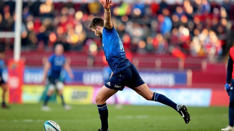 Ross Byrne kicks a penalty in the Munster v Leinster URC game at Thomond Park, Limerick on Saturday.  Photograph: Ryan Byrne/Inpho