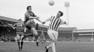 West Brom forward Jeff Astle (right) challenging for the ball with Liverpool goalkeeper Tommy Lawrence in March, 1968. Photograph: PA