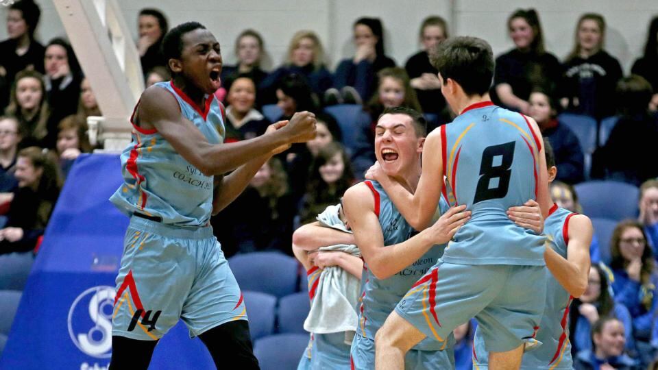 All Ireland Schools Cup U19C Boys Final - Lagan College Belfast vs Colaiste Pobail Setanta - Colaiste Pobail Setanta players celebrate at the final buzzer. Photograph: Donall Farmer/Inpho