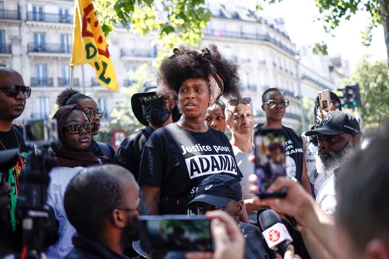 Assa Traore, Adama Traore's sister, delivers a speech during a demonstration against police brutality and racism in Paris. Photograph: Yoan Valat/EPA