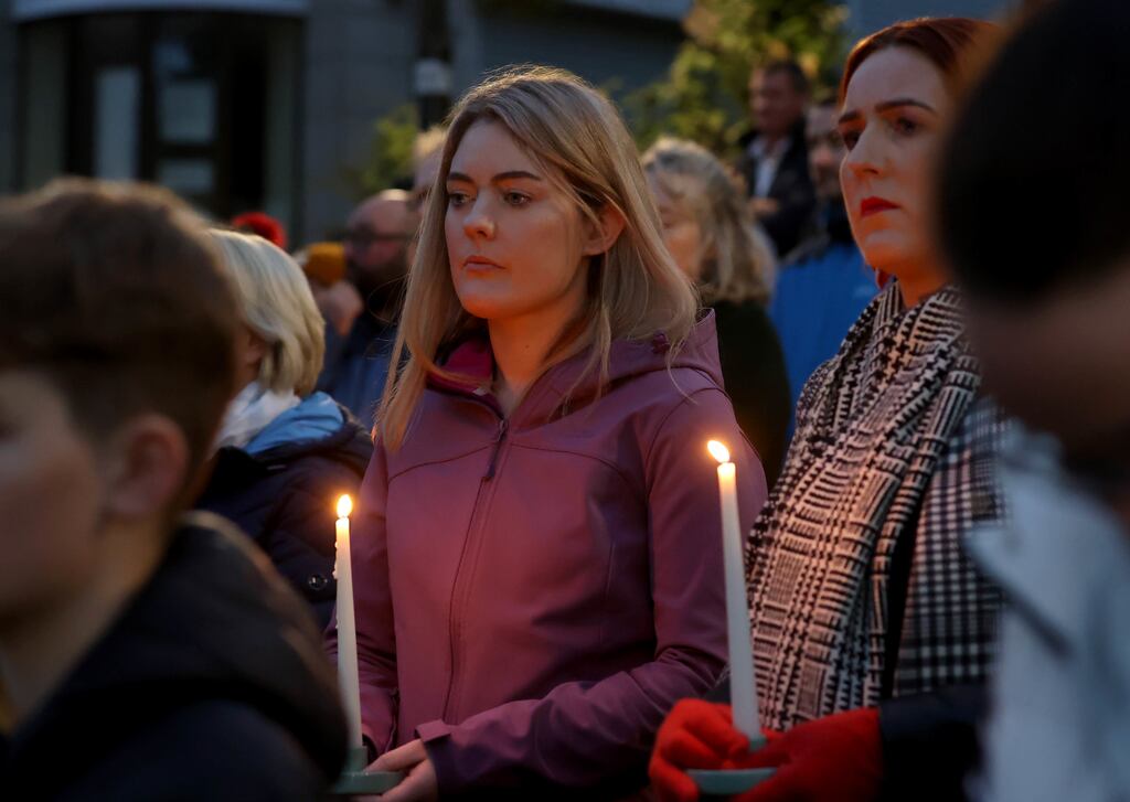 A vigil at Market Square in Letterkenny, following the explosion in the nearby village of Creeslough in Co Donegal. Photograph: Liam McBurney/PA