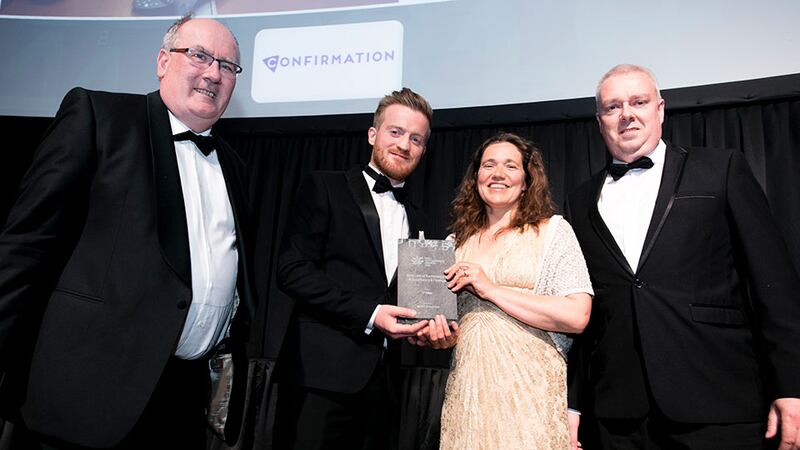 Fergal McManus, Regional Account Manager – Ireland, Confirmation, presents the Best Use of Technology in Accountancy & Finance award to Michael Barrett, Elizabeth McCabe & John Gannon, IT Sligo.