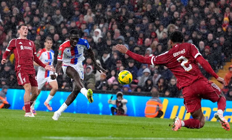 Crystal Palace's Ismaila Sarr scores their second goal at Anfield. Photograph: PA 