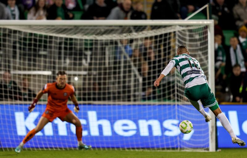Graham Burke fires home Shamrock Rovers' first goal during the SSE Airtricity League Premier Division match against Bohemians at Tallaght Stadium. Photograph: Dan Clohessy/Inpho 