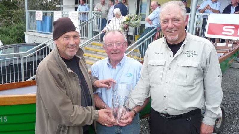 The winning duo at the Melvin boat competition, from left Fechin McMorrow jnr (left) and Laurence Gibb (right) with club chairman, Sean Rasdale.