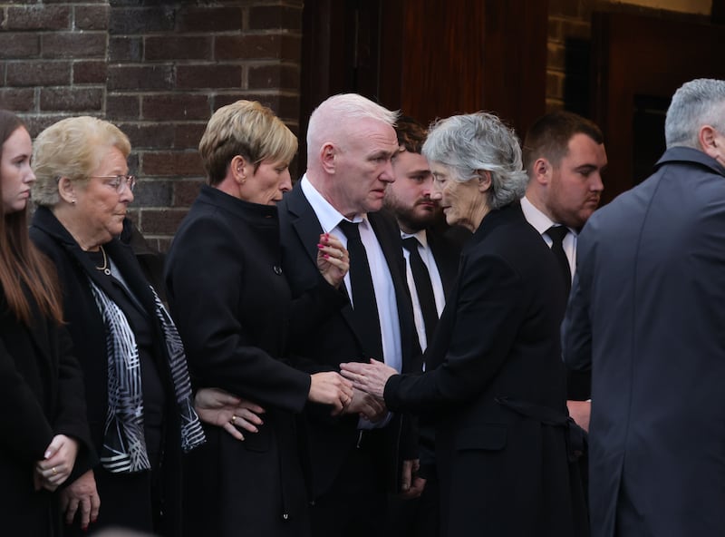 President Catherine Connolly pays her respects to family members of Dylan Commins in Ardee, Co Louth on Friday. Photograph: Alan Betson