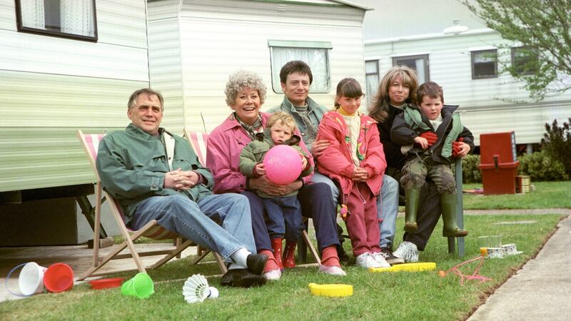 A 1995 photo of the stars of Coronation Street (L-R): Bill Tarmey, Liz Dawn, Daryl Edwards, Sean Wilson, Helen Worth, Lyndsay King and Thomas Ormson. Photograph:  Dave Kendall/PA Wire