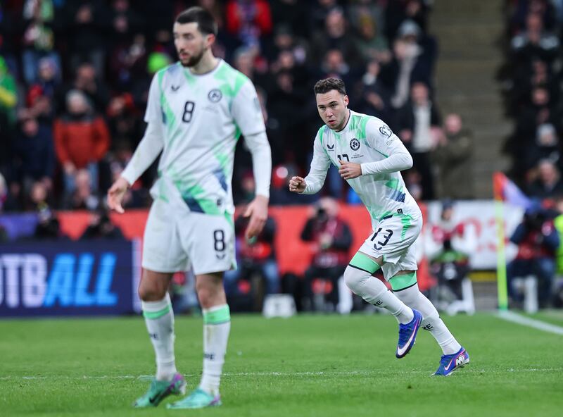 Harvey Vale (right) made his Ireland debut late into extra time against Czech Republic in Prague. Photograph: Ryan Byrne/Inpho