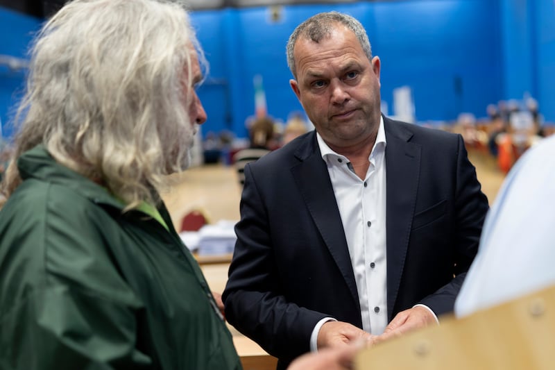 Independent Ireland's Noel Thomas nudges into current lead at the count centre at the Lawn and Tennis Club in Salthill. Photograph: Chris Maddaloni/The Irish Times