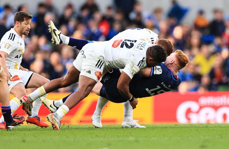 Leinster’s Ciarán Frawley is tackled by Jonathan Danty of La Rochelle. Photograph: Billy Stickland/Inpho
