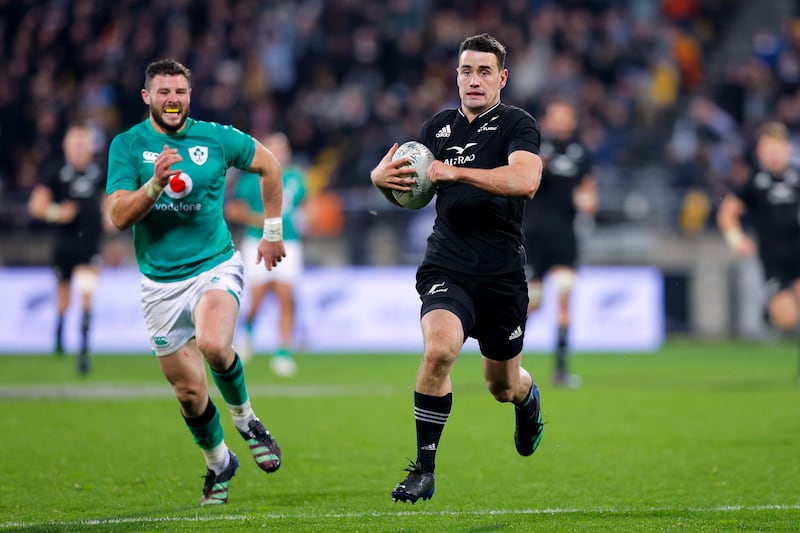 WELLINGTON, NEW ZEALAND - JULY 16: Will Jordan of New Zealand breaks away for a try during the International Test match between the New Zealand All Blacks and Ireland at Sky Stadium on July 16, 2022 in Wellington, New Zealand. (Photo by Hagen Hopkins/Getty Images)