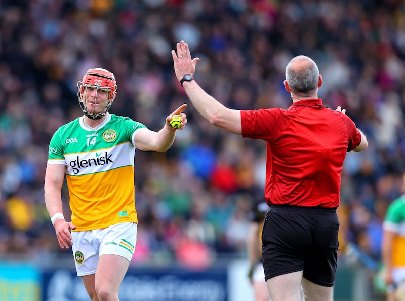 Offaly's Charlie Mitchell speaks to referee Johnny Murphy during last weekend's Leinster Senior Hurling Championship match against Kilkenny at Glenisk O'Connor Park, Co Offaly. Photograph: Tom O’Hanlon/Inpho