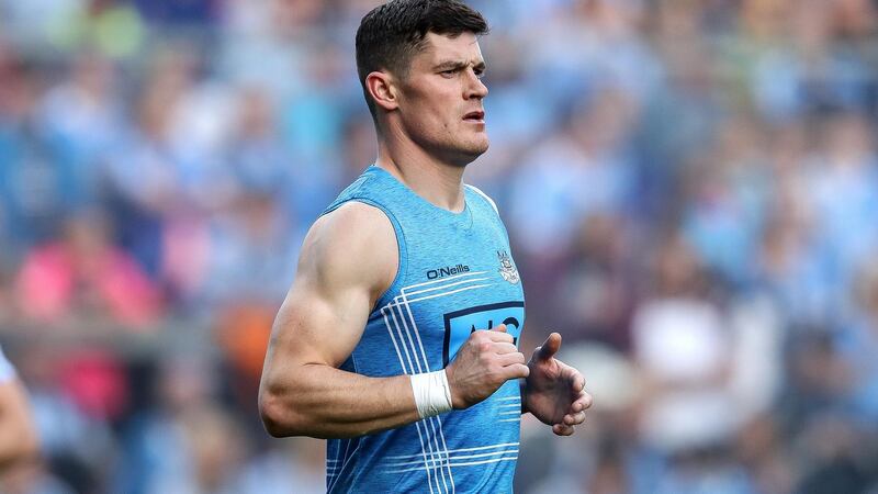 Dublin’s Diarmuid Connolly warms up  before the game. Photograph:  Ryan Byrne/Inpho