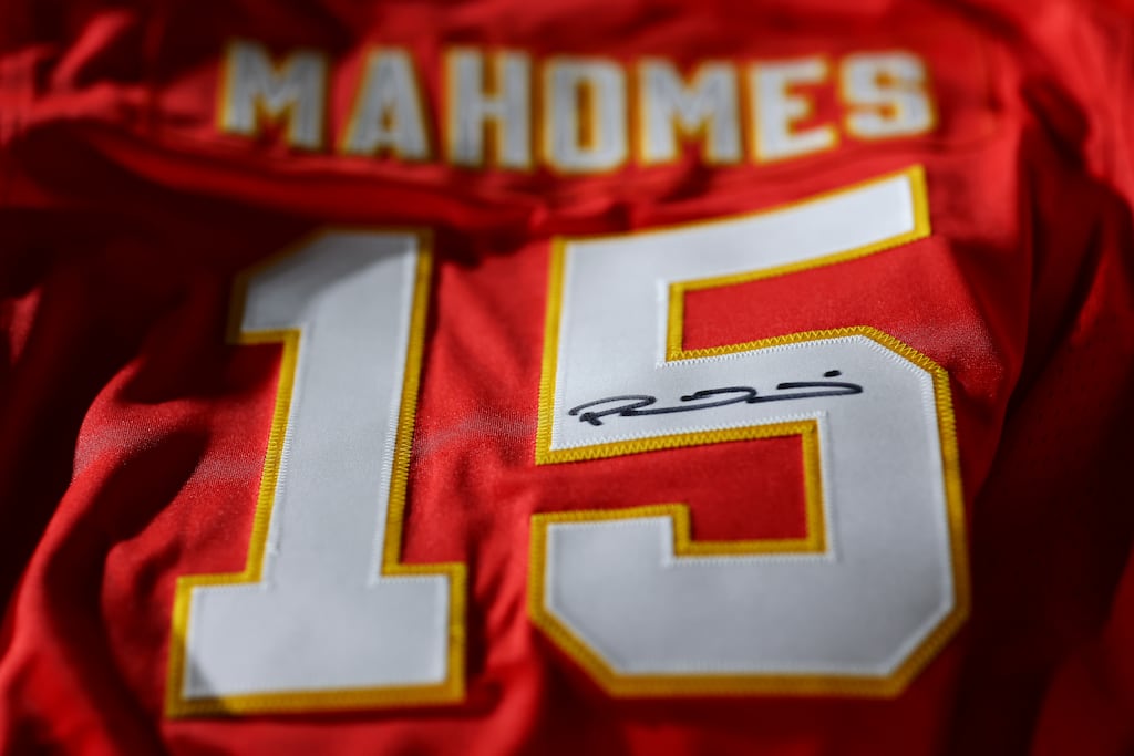 A Kansas City Chiefs jersey signed by Patrick Mahomes. The demise of Brett Lemieux has sparked an authentication crisis. Photograph: Aaron M Sprecher/Getty Images