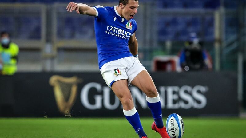 Paolo Garbisi kicks a penalty for Italy. Photograph: Giuseppe Fama/Inpho