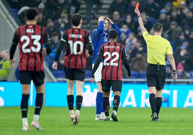 Everton's Jake O'Brien reacts after being sent off against Bournemouth. Photograph: Peter Byrne/PA